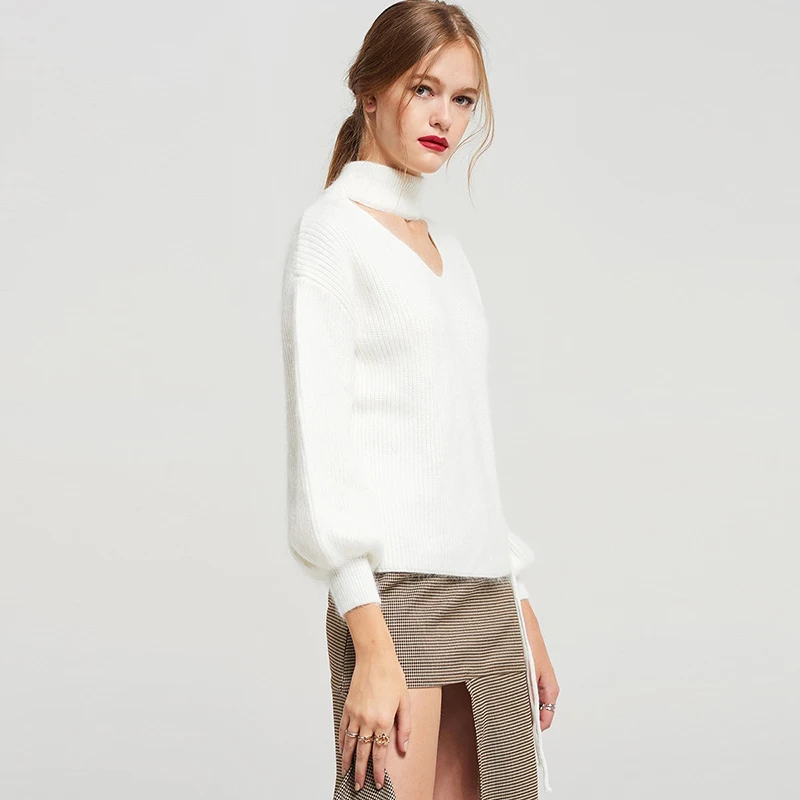MakeUchic Women Solid White/Purple Sweater Hollow Out Turtleneck Lantern Sleeve Lace Up Cross Knitted Casual Female Pullovers | Женская