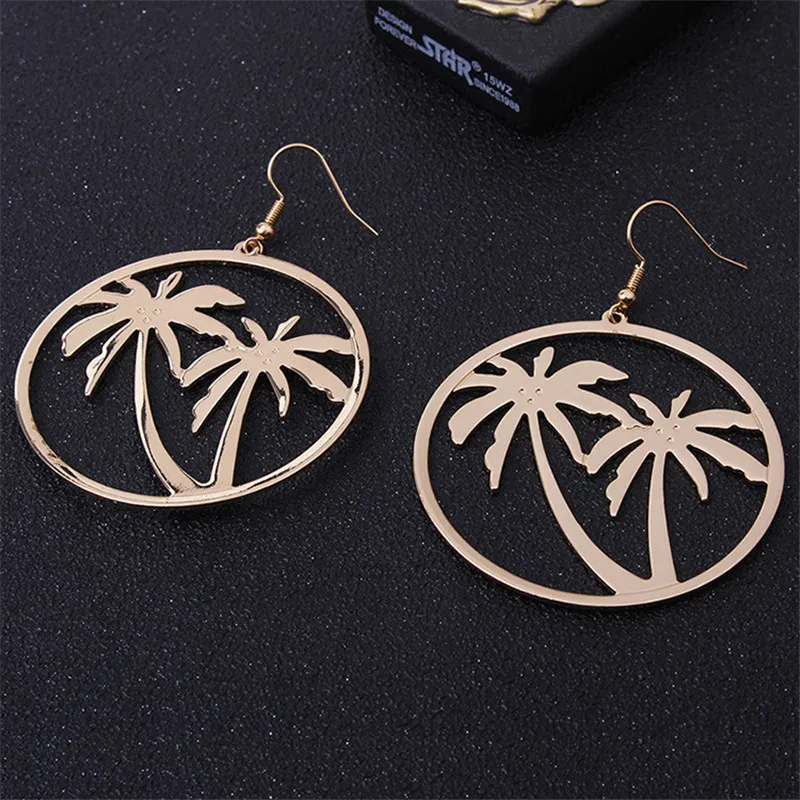 Sleepylady Trendy Coconut Tree Gold Color Statement Earrings For Women Big Round Metal Drop Earring Kupe Oorbellen Jewelry Gift | Украшения