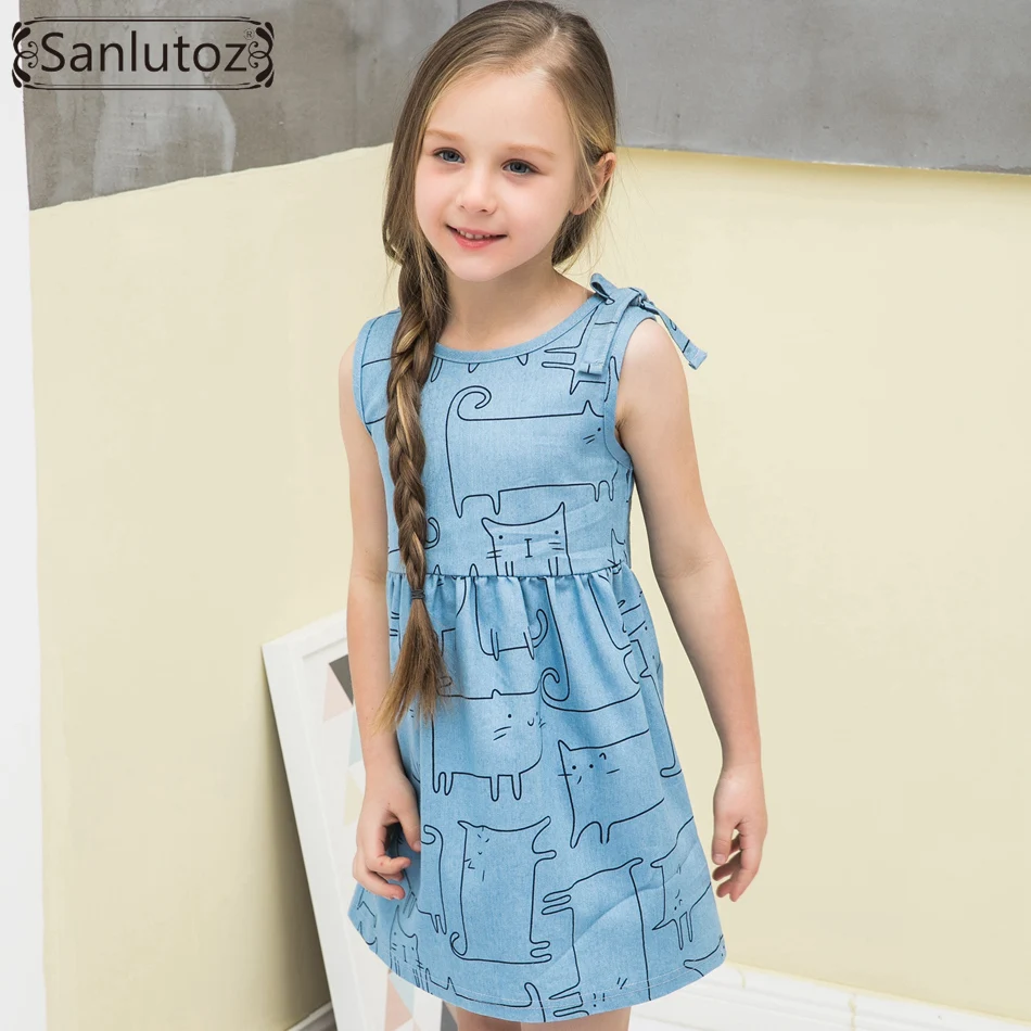 Джинсовая одежда для девочек sanluusb детское Хлопковое платье с котом малышей