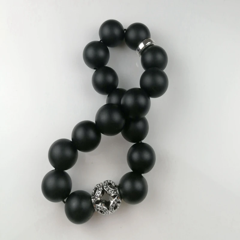 Большой Матовый обсидиановый браслет в стиле Томаса с черным цирконием и