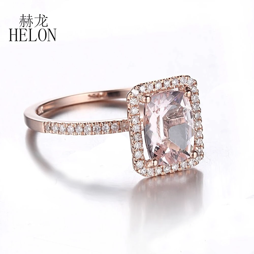 Helon SOLID 14 К розовое золото 8x6 мм Подушки с 1.12ct Morganite Pave 0.2ct Природные Алмазы изящных драгоценных камней кольцо для Для женщин ювелирные изделия