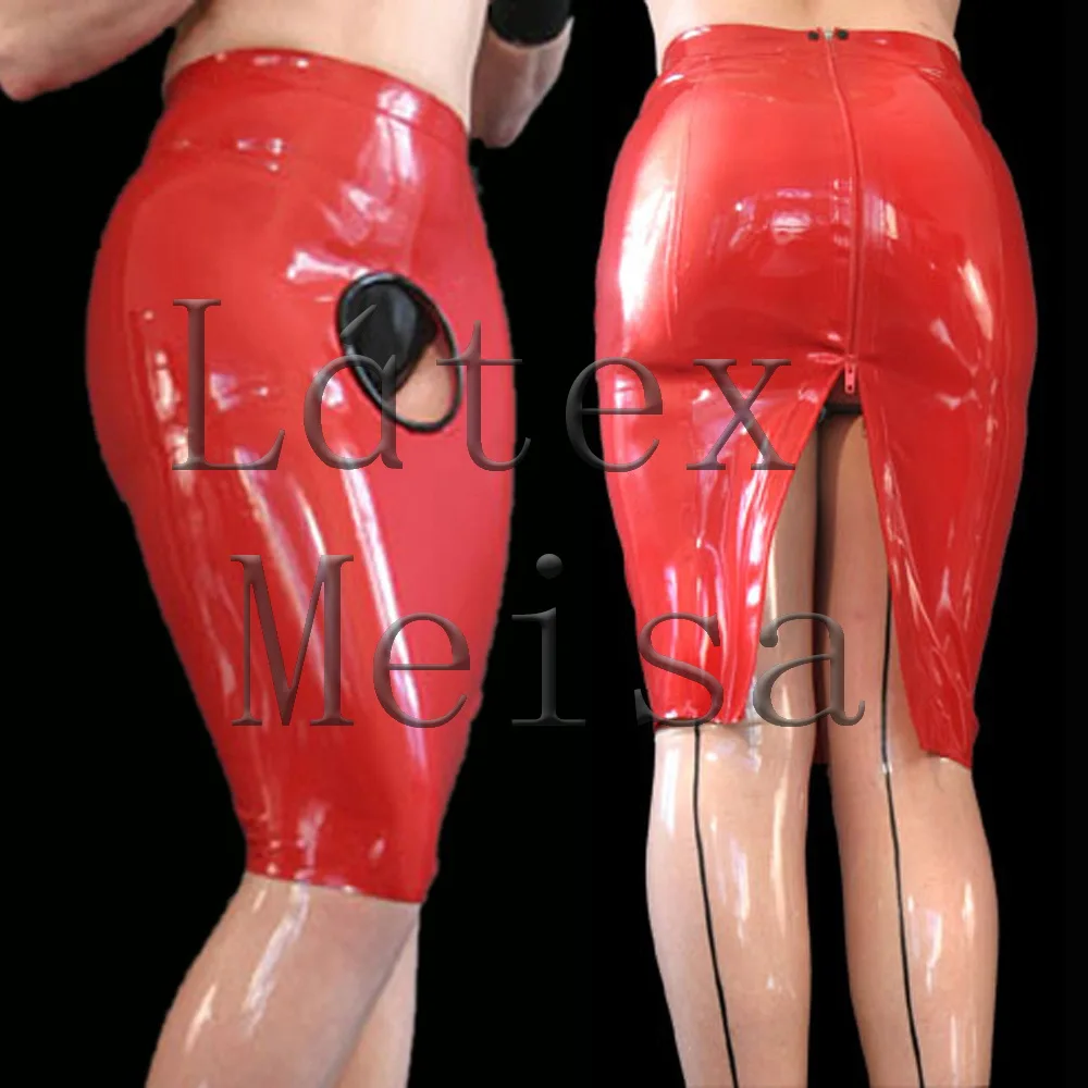 Novelty women's pencil latex skirt with front hole design in solid red color with back zip