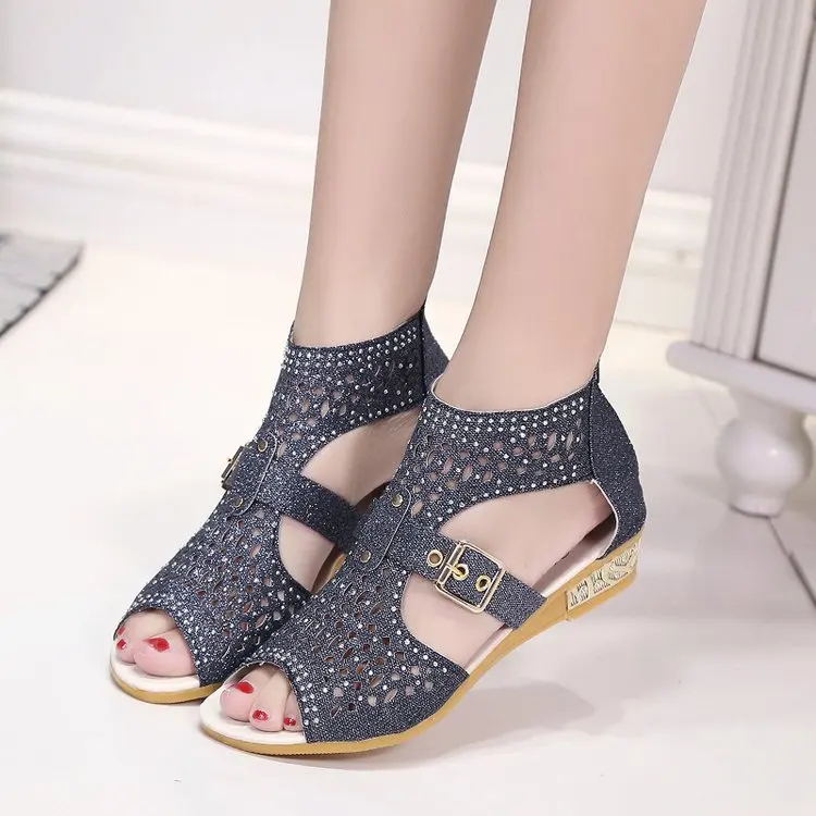 Summer Shoes Woman Crystal Sandals For Women Low Heel Beach After The Zipper Bing Women's Peep Toe Wedges C299 | Обувь