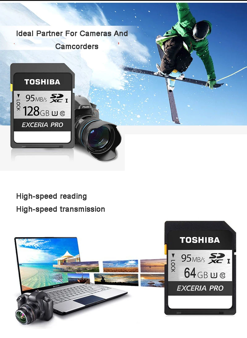 TOSHIBA SD карты EXCERIA PRO 128 Гб 64 Гб оперативной памяти, 32 Гб встроенной памяти класса 10 UHS-I U3 SDHC/SDXC карт SD слот для карт памяти 95 МБ/с. для видеокамеры