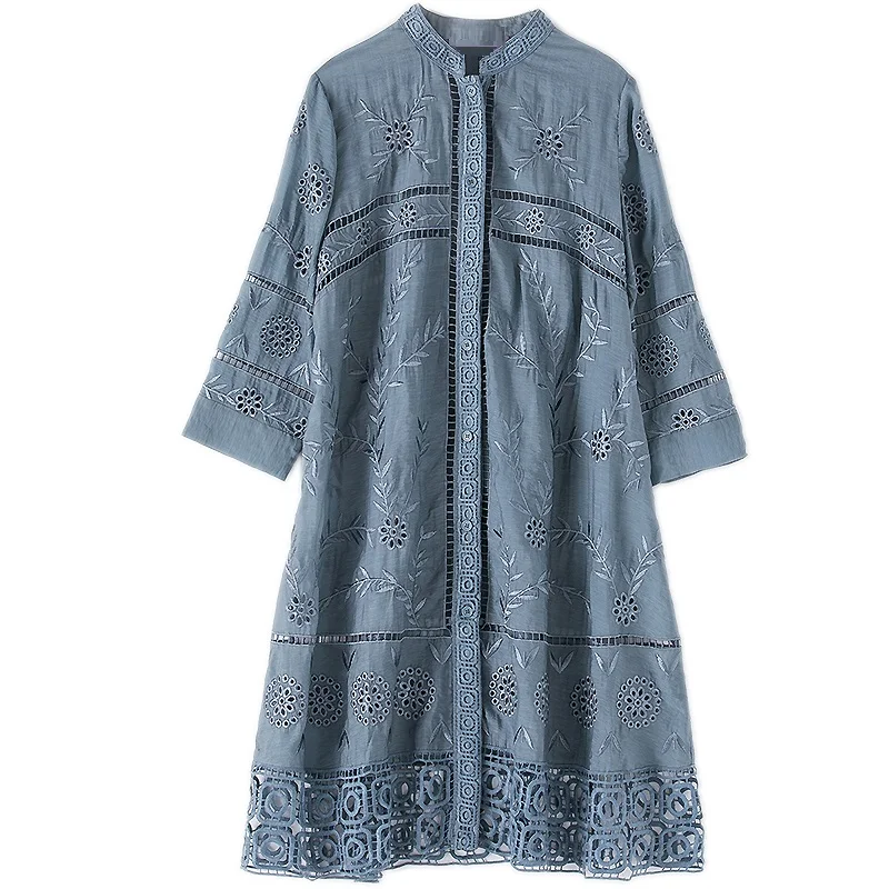 

Plus Size Dress 2019 Spring Summer Clothing Women Hollow Out Embroidery 3/4 Sleeve Wide Waist Vintage Long Shirt Dress Blue 4XL