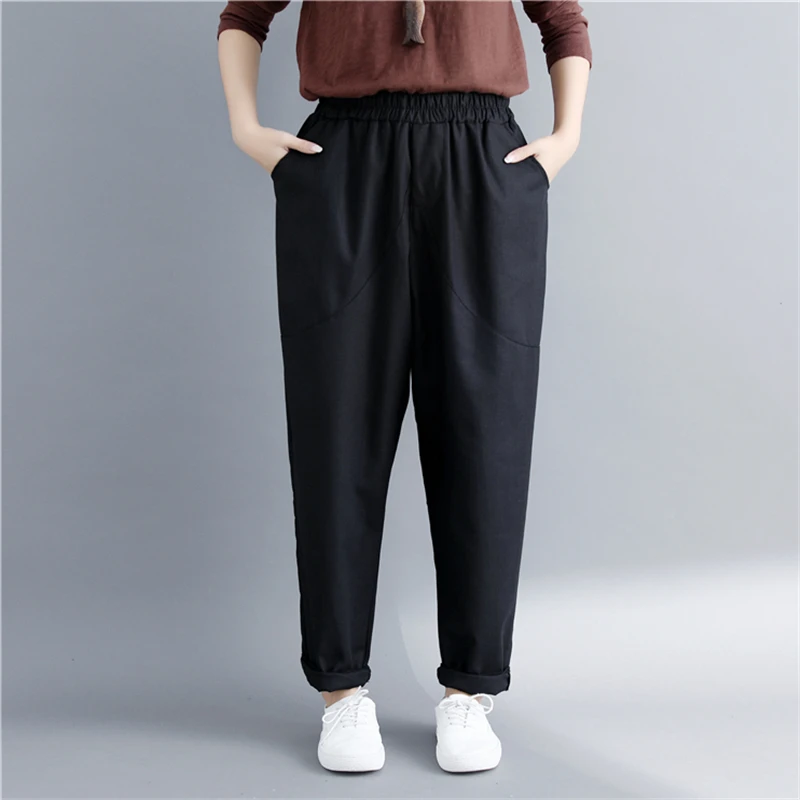 

Spring New Plus Fat Large Size Cotton And Linen Elastic Waist Harem Pants Casual Nine Pants Small Feet Curling Pants Women H0115