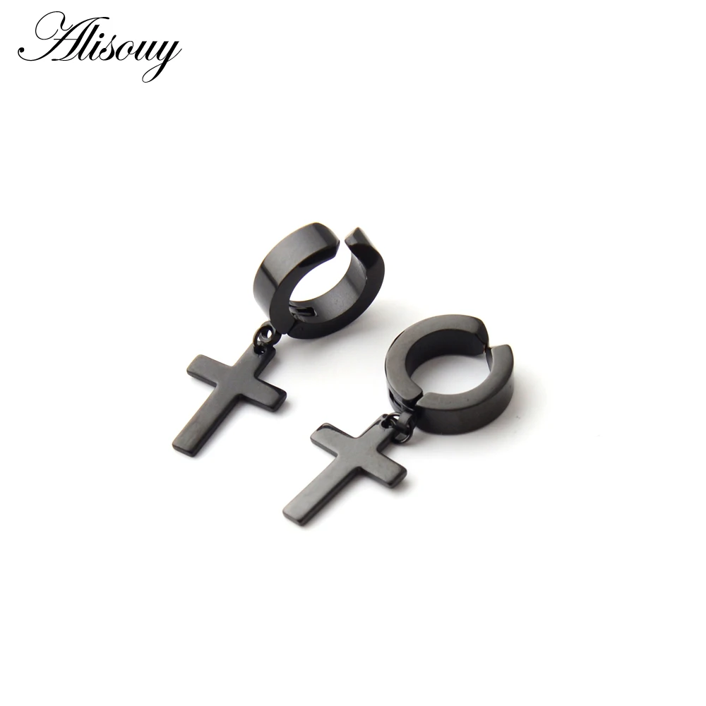 No Pierced 9mm Black Alisouy для мужчин и женщин из нержавеющей стали серьги-подвески в стиле панк крест Huggie серьги круг Простой ушной пряжки - Окраска металла: No Pierced 9mm Black