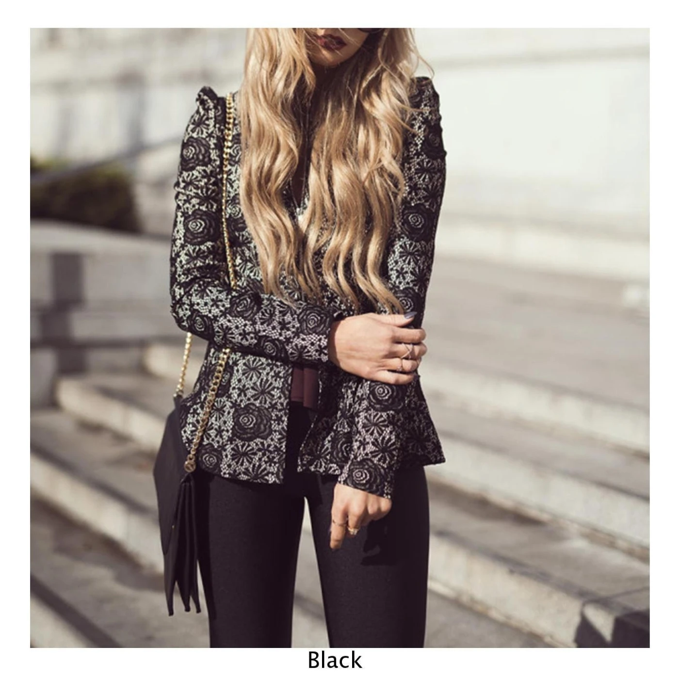 Черный круглый вырез длинный рукав приталенный весна осень хлопок кружево