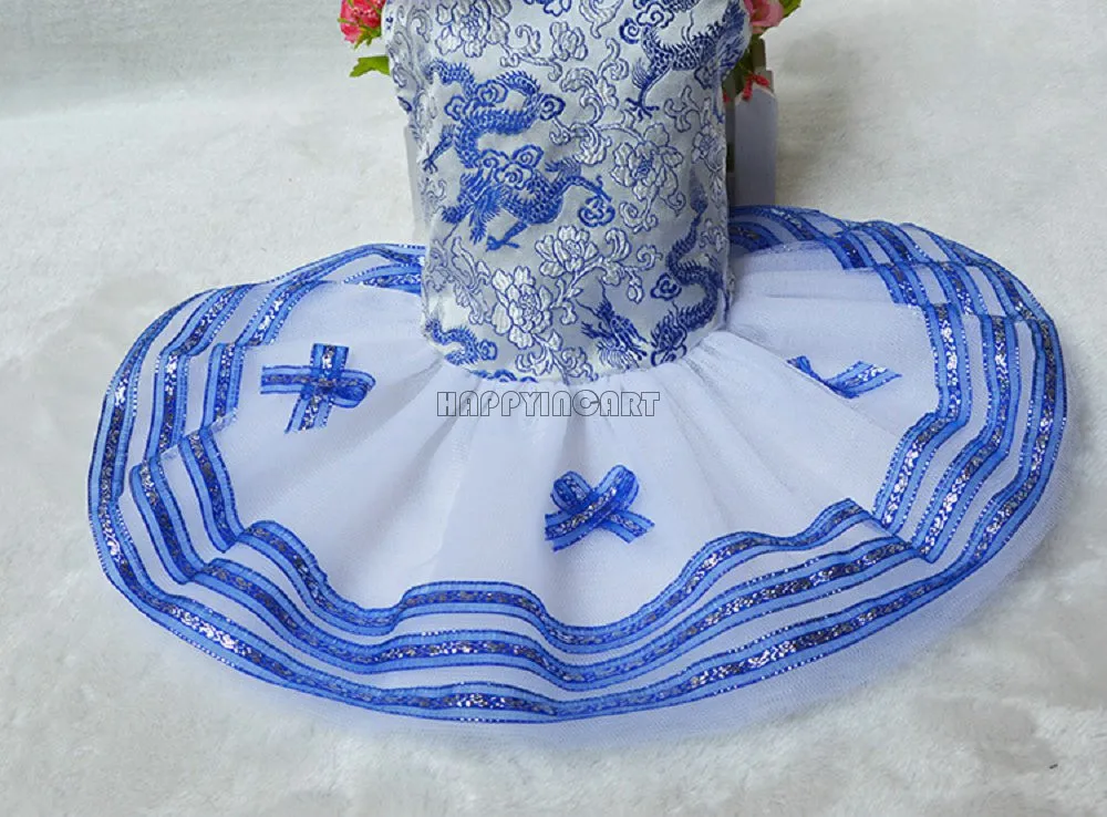 Cute Pet Apparel Dog Clothes Wedding Dress Blue and White Porcelain Pattern Small Dragon Embroidery Thickened Plush CHW235 | Дом и сад