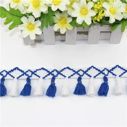 6 White blue 47 мм Радуга с бахромой кружевом кисточкой хлопок тканевая Лента отделка бахрома с помпонами пом бахрома на ленте для ручная работа по шитью материал 1 ярд - Цвет: 6 White blue