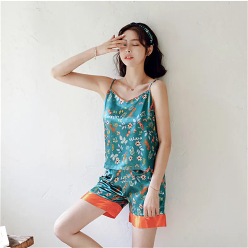 

New Arrivals Summer Tops for Women 2018 Cotton Pajamas Sweet Two Piece Shorts Print Sleepwear