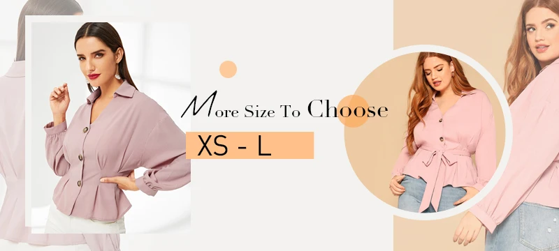 SHEIN, женская блузка размера плюс, розовая, с поясом, на пуговицах, с баской спереди, весенняя, с длинным рукавом, с отложным воротником, одноцветная, элегантная, для девушек, топы