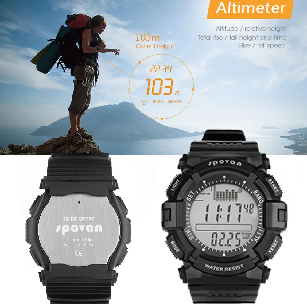 SPOVAN мужские часы цифровые спортивные наручные водонепроницаемые рыбалка