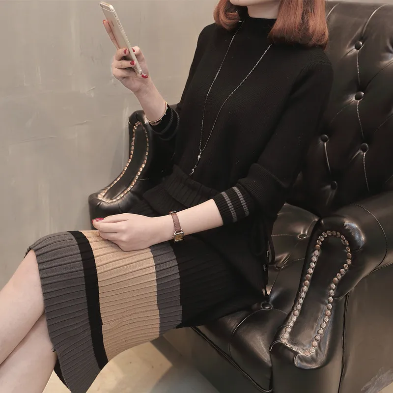 2018 Fashion pullovers sweater Hot sale Solid color Full sleeve Turtleneck long sweaters New style 2 piece of false sets | Женская