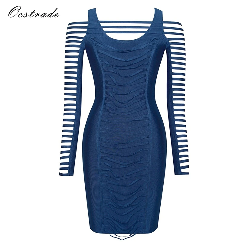 Женское Бандажное платье Ocstrade синее с длинным рукавом и рюшами 2019|women bandage dress|bandage