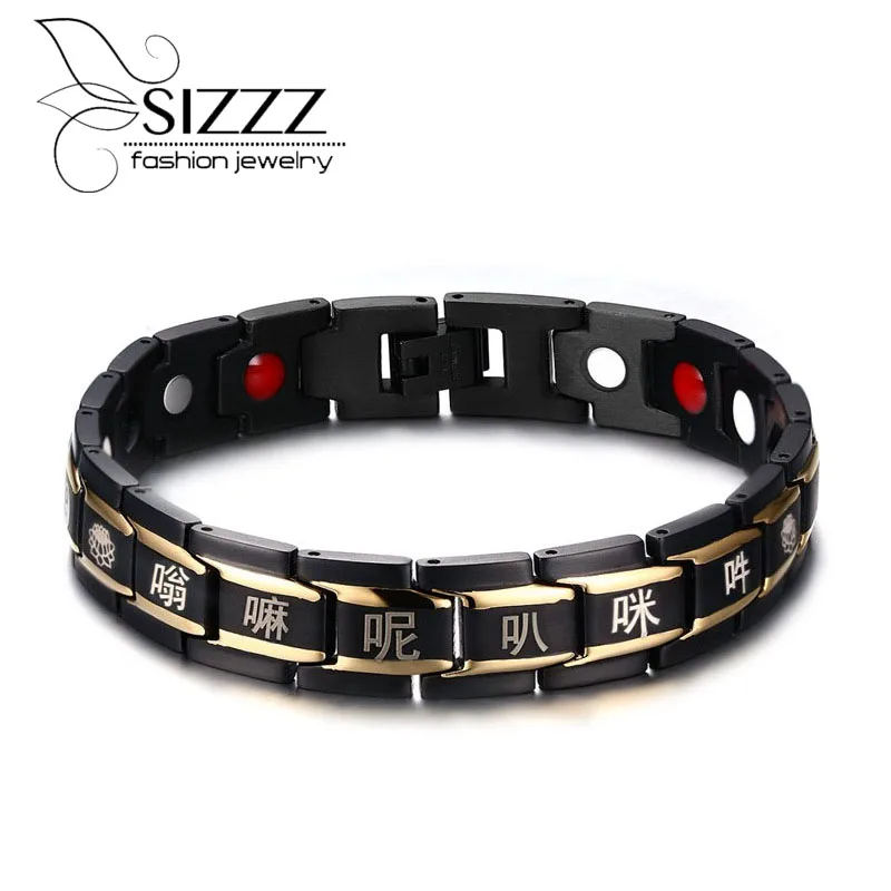 Men's New Arrival High Quality Black Gold 316L stainless steel Buddhist religious Health magnet Stone Link Chain Bracelet | Украшения и