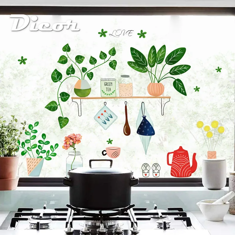 DICOR DIY креативные зеленые горшечные растения рисунок Наклейка на стену Декор для