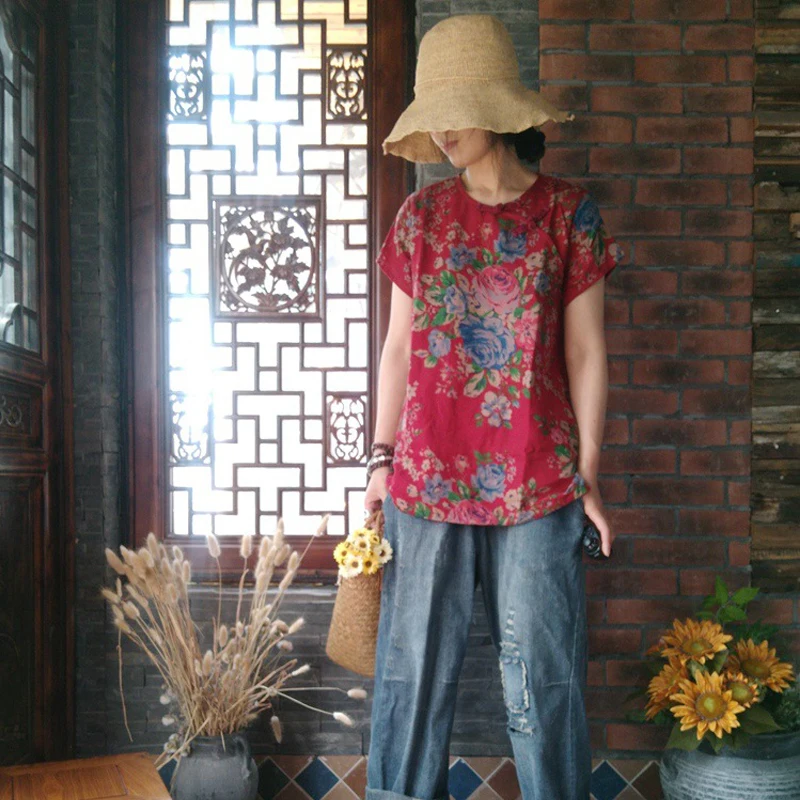 Женские футболки с цветочным принтом Johnature Винтажные Футболки круглым вырезом и