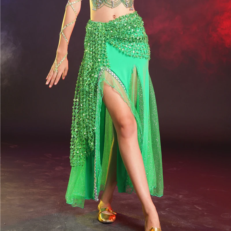

Classical Women Dance Clothes Accessories Stretchy Crochet Net Shawl Rectangle Belt Belly Dance Hip Scarf Flower Sequins
