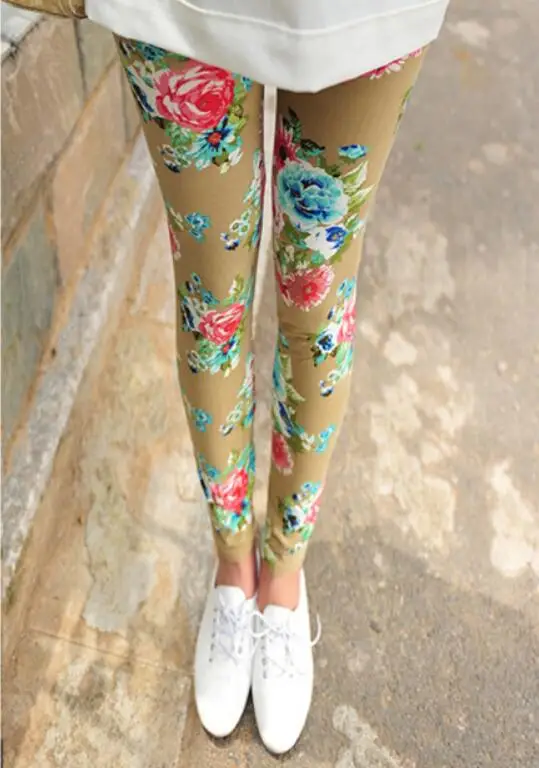 W030 Khaki print Новинка, леггинсы с цветочным принтом, большие размеры, леггинсы для гитары, клетчатые Тонкие штаны, модная женская одежда, брюки - Цвет: W030 Khaki print