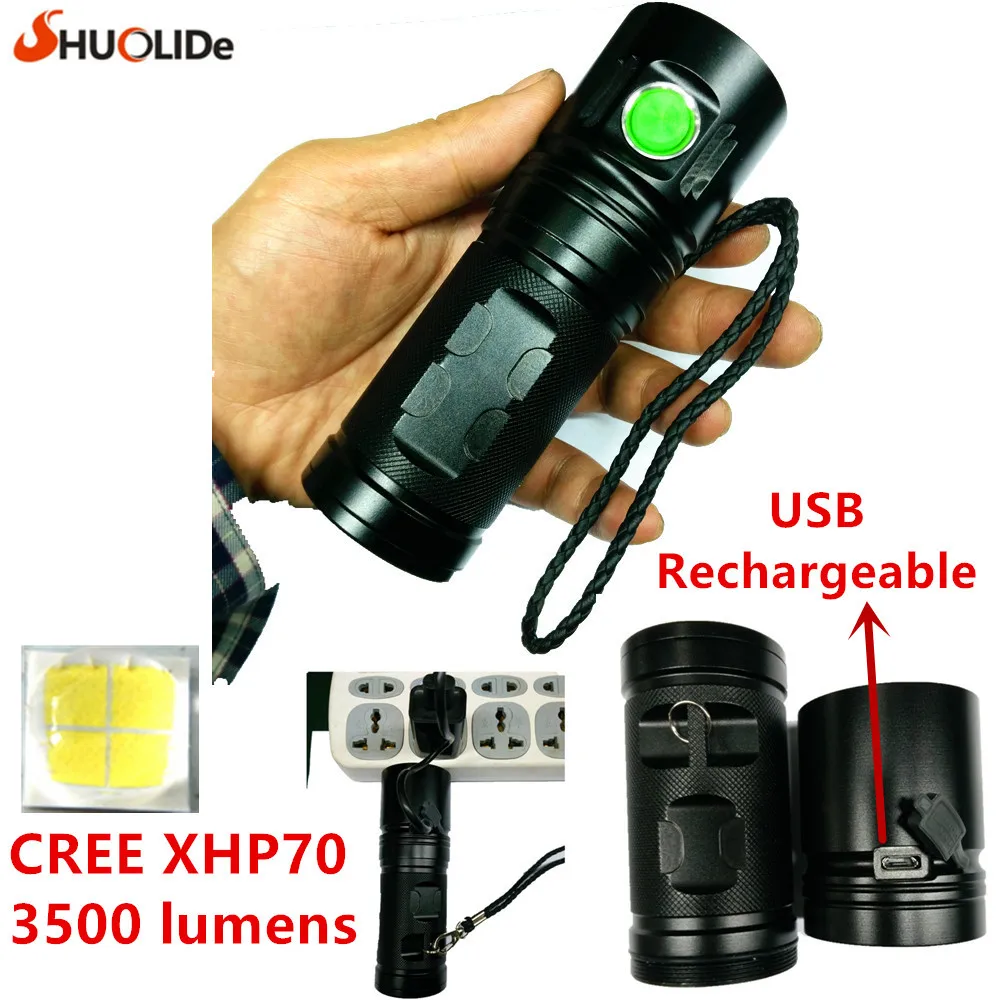 2017 SHUO LI DE Новый USB Перезаряжаемый 3500 люменов CREE XHP70 светодиодный фонарик