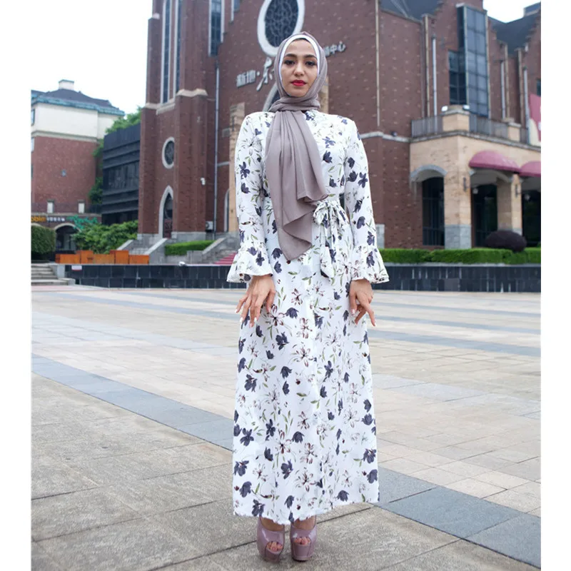Женская мусульманская одежда Abayas макси платье с длинным рукавом и цветочным