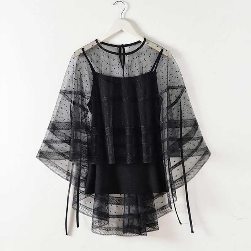 

Ladies Fashion Sexy Black Lace Tshirt Loose Wave Dot See-Though T Shirt Women Hollow Out Tops Chiffon T-shirt Transparent