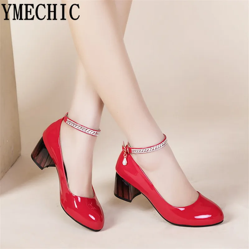 YMECHIC 2019 модные красные черные женские туфли на блочном высоком каблуке лодочки с