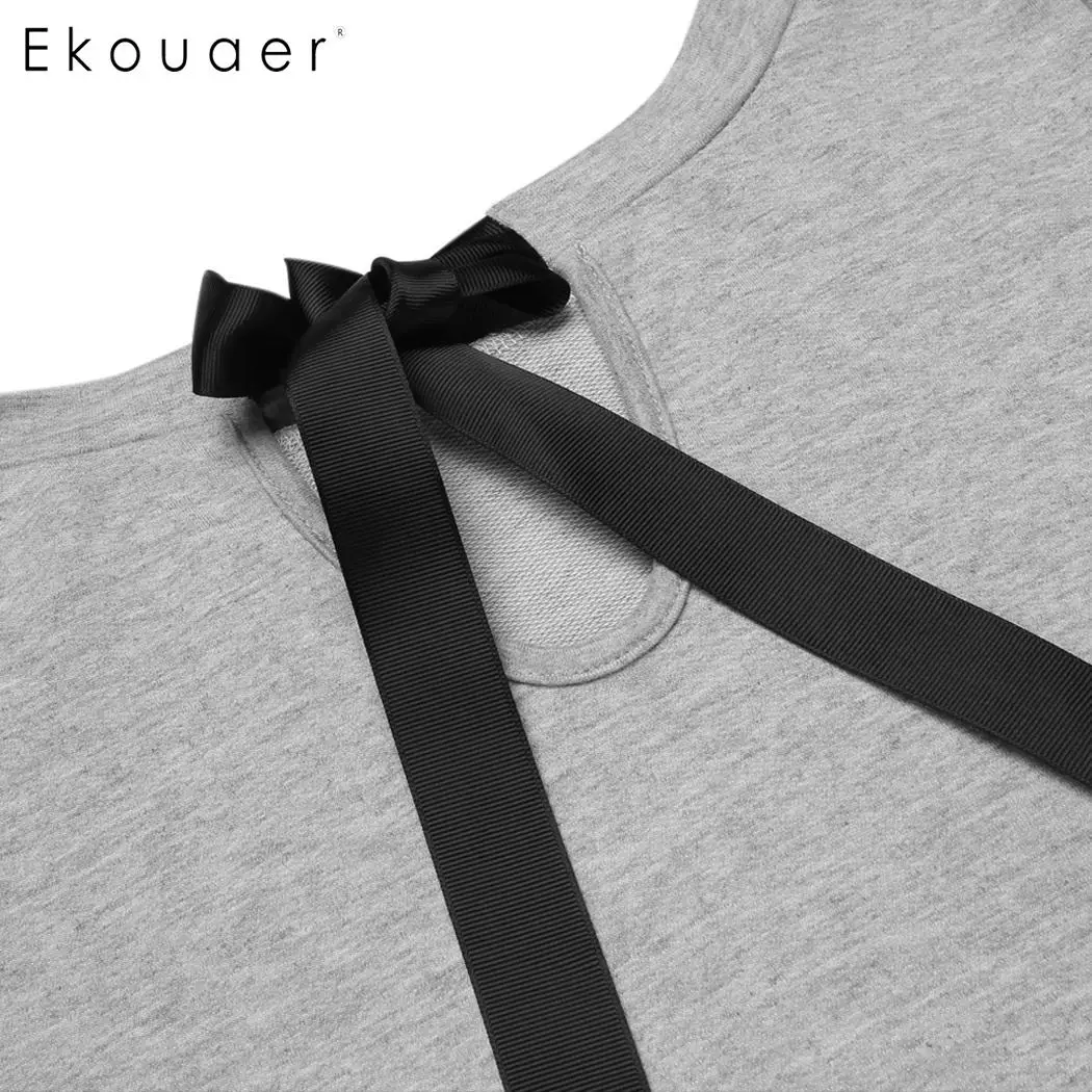 Женская ночная рубашка Ekouaer хлопковая Однотонная с длинным рукавом и О