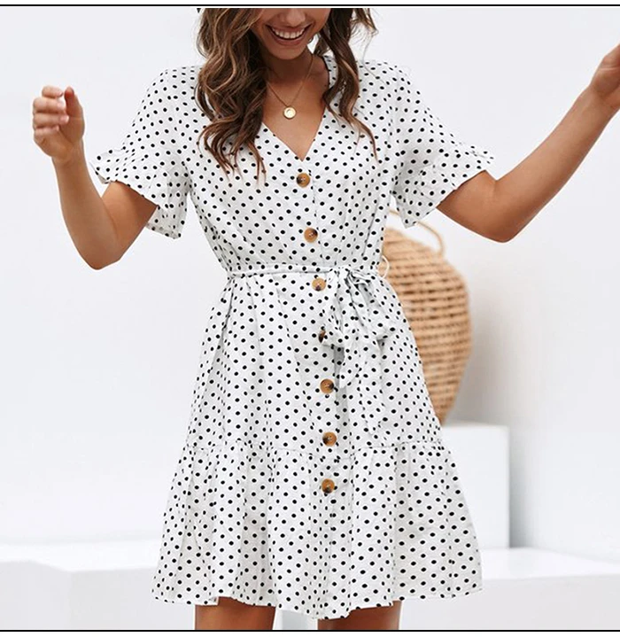 SINRGAN Короткое платье в горошек Женщины Повседневные мини-платья Bodycon с поясом V-образным вырезом Летнее вечернее платье для девочек