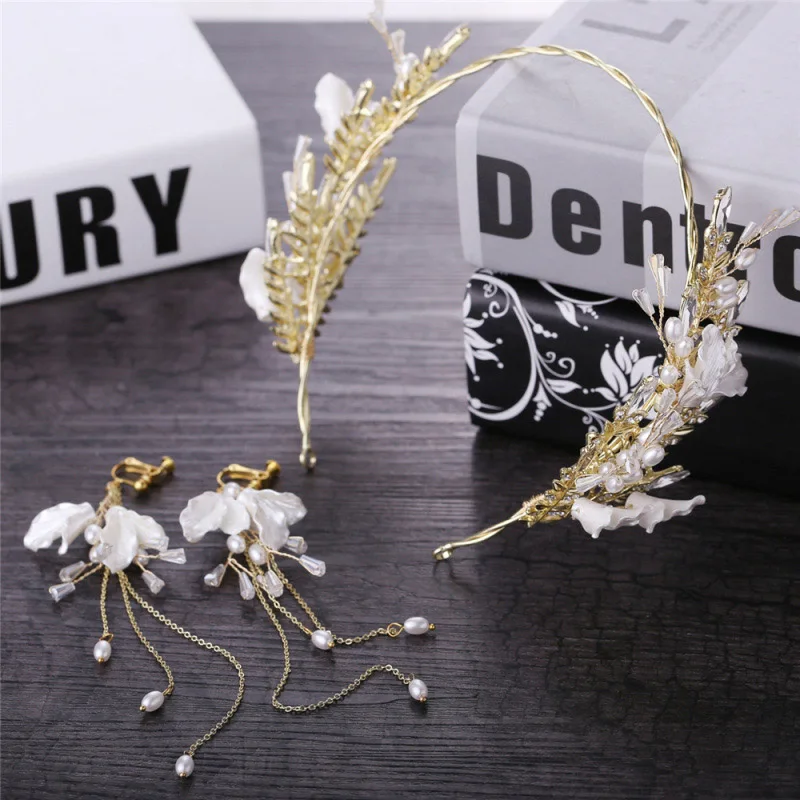 Hairband and Earring Золотая Корона в стиле барокко, обруч с листьями, тиара с ракушками, украшение для головы с кристаллами, аксессуары для волос, свадебный головной убор для невесты, повязка на голову - Окраска металла: Hairband and Earring