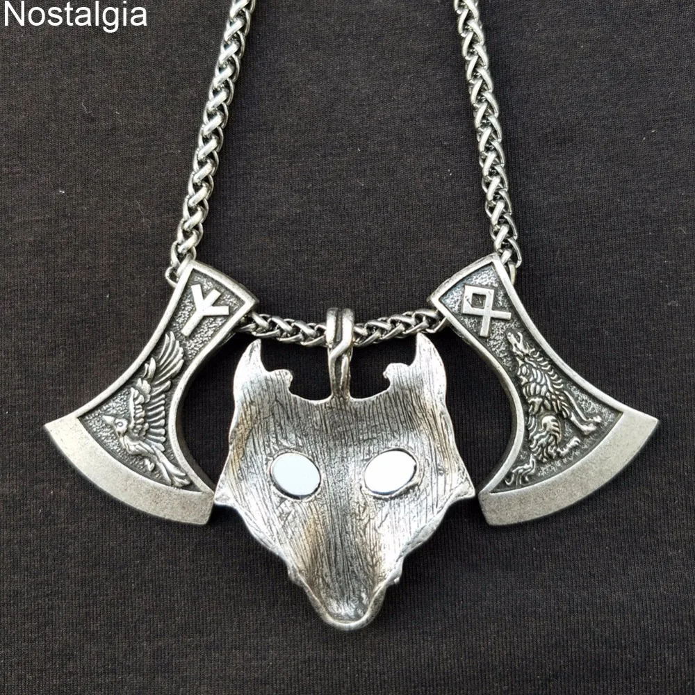 Ностальгия Goth Wolf и Raven гравировка на Славянском топор Perun Runes отала ALGIZ колье с