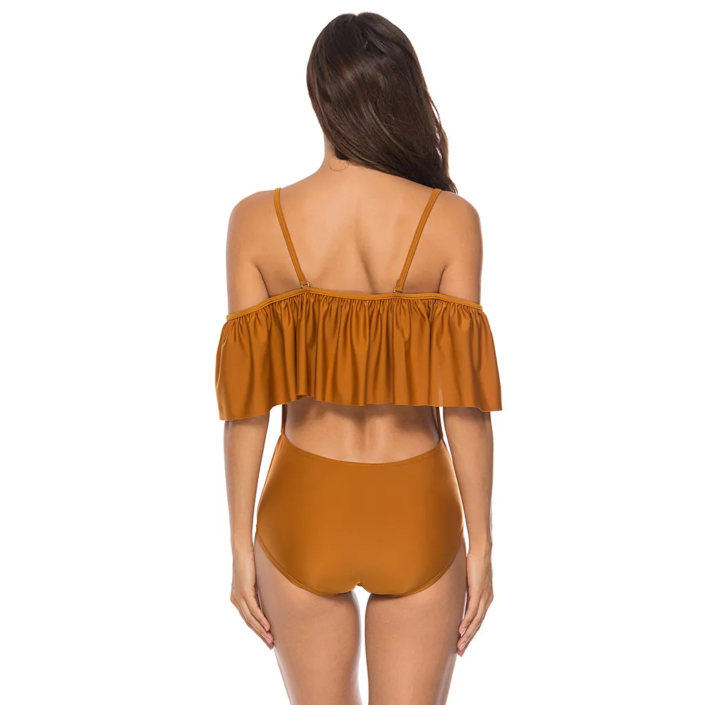 

S-L3 Plus Size Swimwear Strap Ruffle One Piece Swimsuit Swimwear Sexy Women Solid Swimsuit Push Up Padded Swim Suit Monokini