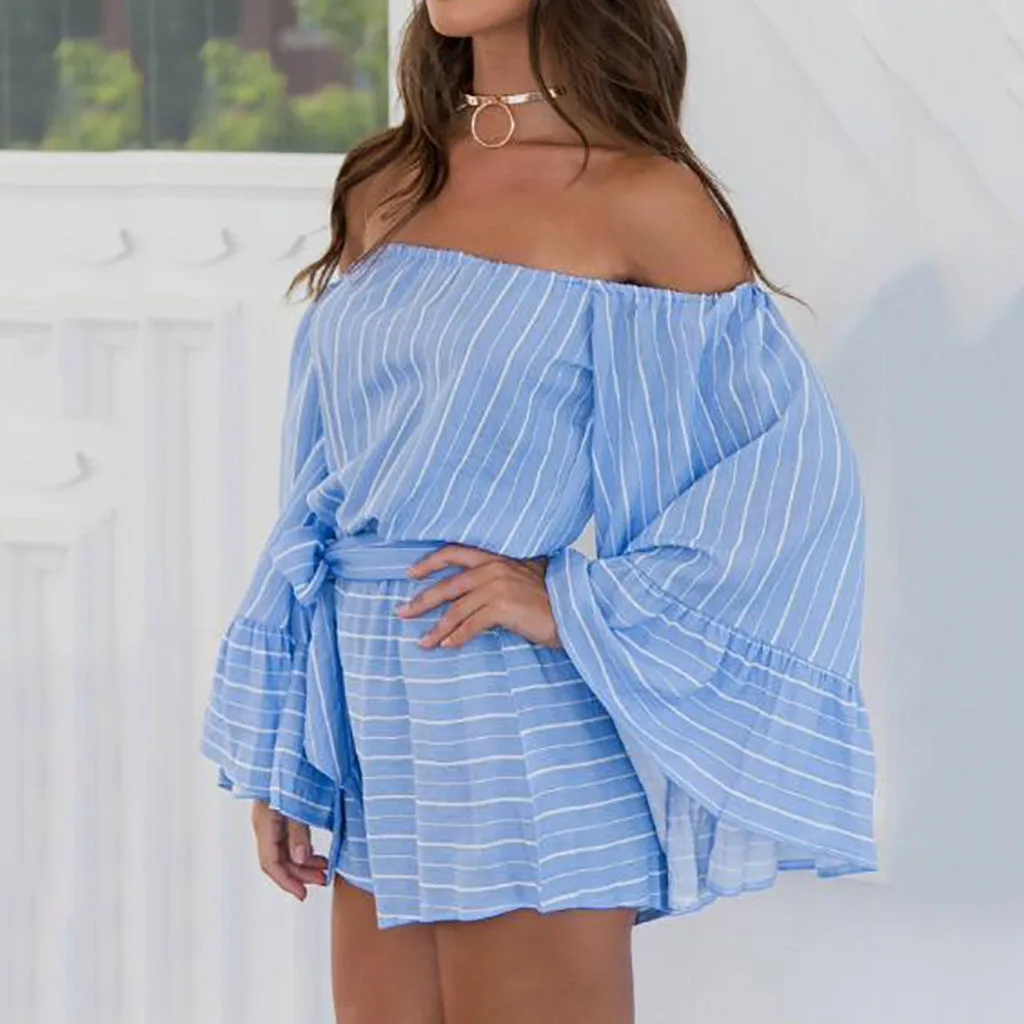 Fashion rompers womens jumpsuit Summer Sexy Stripe Print Casual Long Sleeve Strapless Jumpsuits body mujer salopette femme#XB40 | Женская