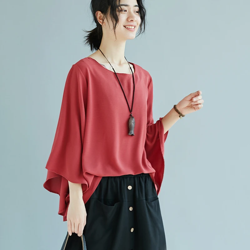 Women O Neck Flared Sleeves Blouse Female Shirt Casual Loose Cotton Linen Top Femme blusas