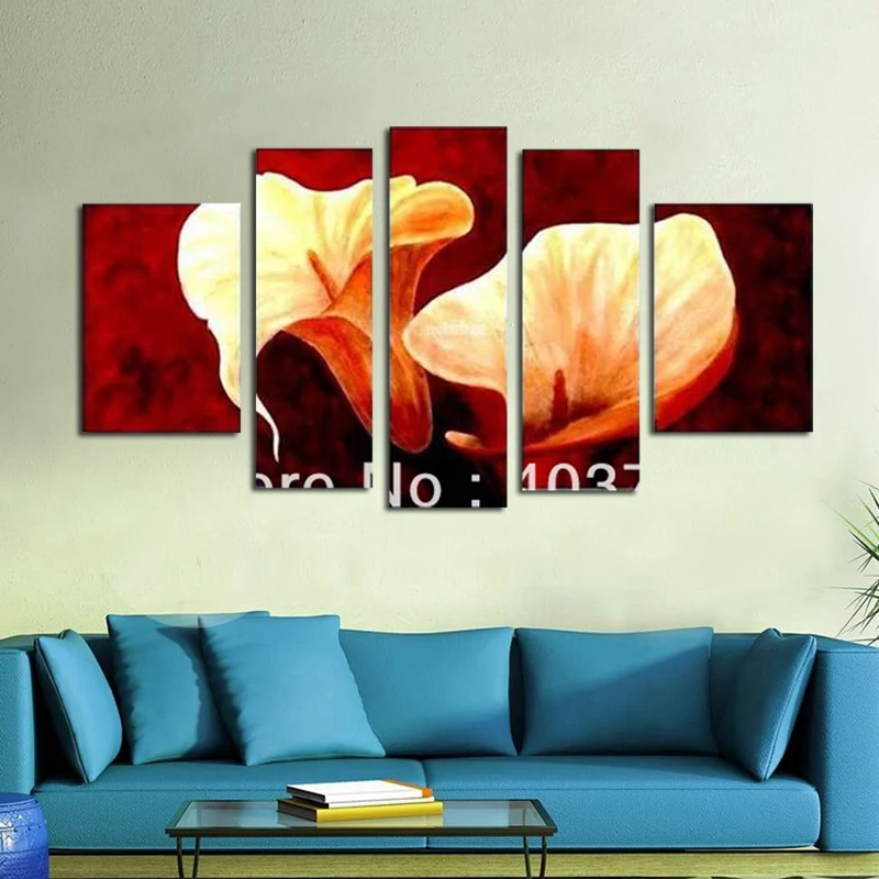 5 панелей Чистая ручная роспись Масляные картины Лилия Цветок красный фон для