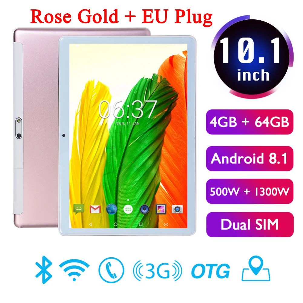 Rose gold EU 10,1 дюймов 4 Гб+ 64 ГБ Android 8,1 WiFi планшетный ПК двойная SIM Двойная камера 3g телефон Pad планшеты с адаптером питания ЕС/США - Цвет: Rose gold EU