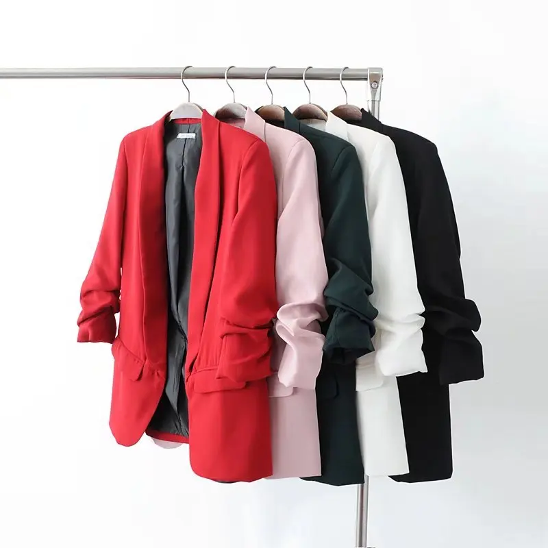 Queechalle 2021 Spring Autumn Red Jacket Blazer Women Folded Sleeve Notched Office Lady Suit Coat Female Solid Casual Outerwear