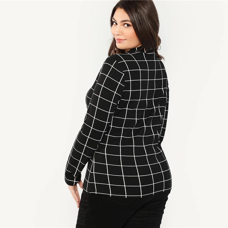 SHEIN Джемпер Размера Плюс С Длинным Рукавом В Клетку, Клетчатый Офисный Джемпер