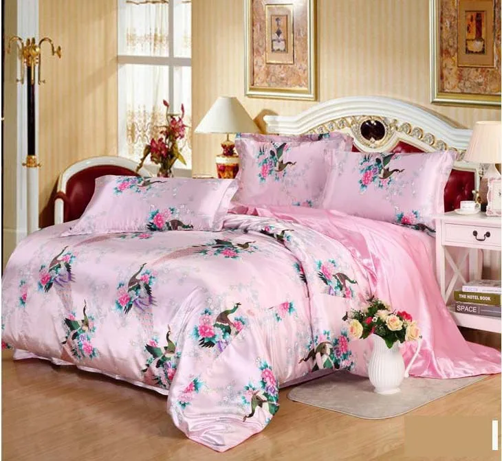 Розовое шелковое платье с принтом павлина сатин 3/4 шт. Комплект постельного белья