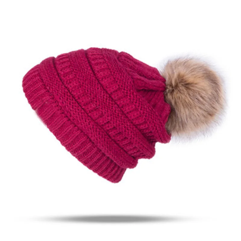 Женская теплая вязаная шапка CC Beanies, шапка из искусственного меха с помпонами, толстая женская шапка Skullies Skully, Женская Повседневная Лыжная Шапка s - Цвет: Wine Red