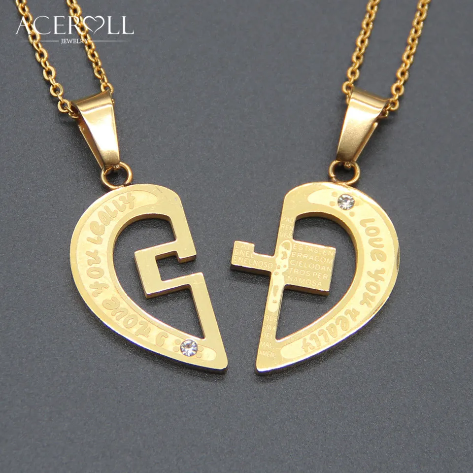 ACEROLL Stainless Steel Couple Necklace Matching Cross Broken Heart With I Love You And Scripture Engraved Puzzle | Украшения и