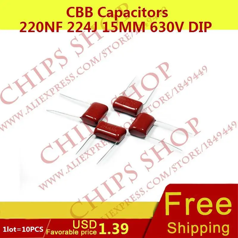 1 лот = 10 шт. CBB Конденсаторы 220nf 224j 15 мм 630 В DIP 220000pf 0.22 мкФ | Электронные компоненты и