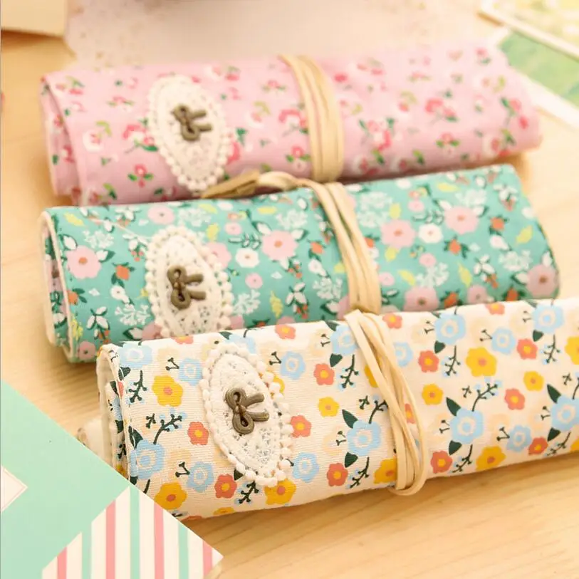 Милый кавайный холщовый чехол-карандаш в рулоне с цветочным рисунком