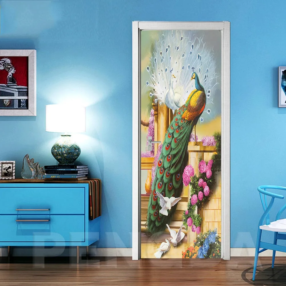 3D наклейка на дверь цветные кирпичи вытягивающие животные павлин украшение для