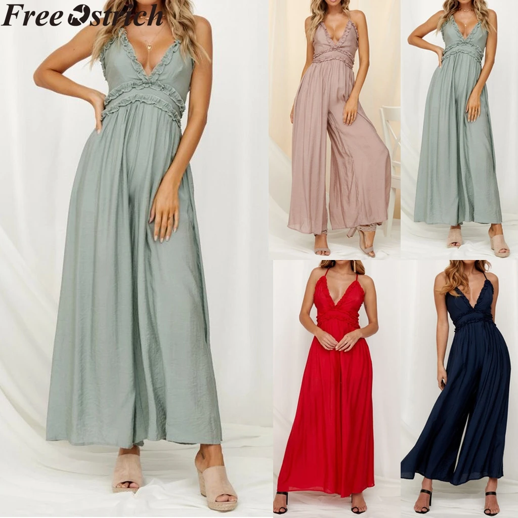 

Summer Women lace rompers wide leg jumpsuit loose long solid color plus size fashion jumpsuit Ladies casual high waist rompers