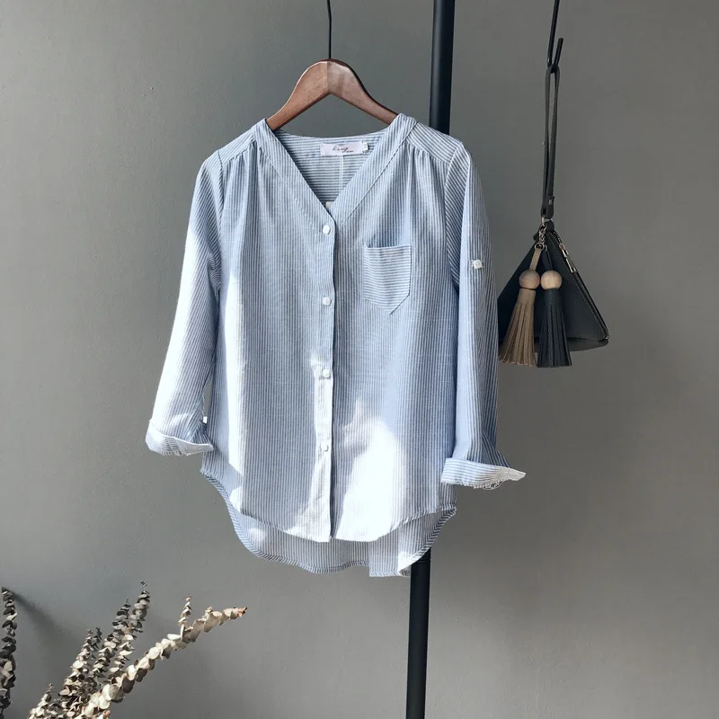 Neploe Весенняя повседневная женская блузка с длинным рукавом из хлопка в полоску