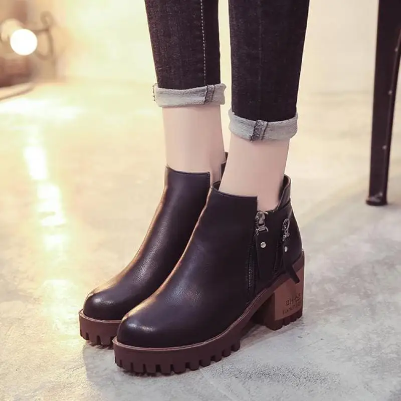 2017 г. Новые зимние ботинки женские Ботинки Martin на Высоком толстом каблуке с