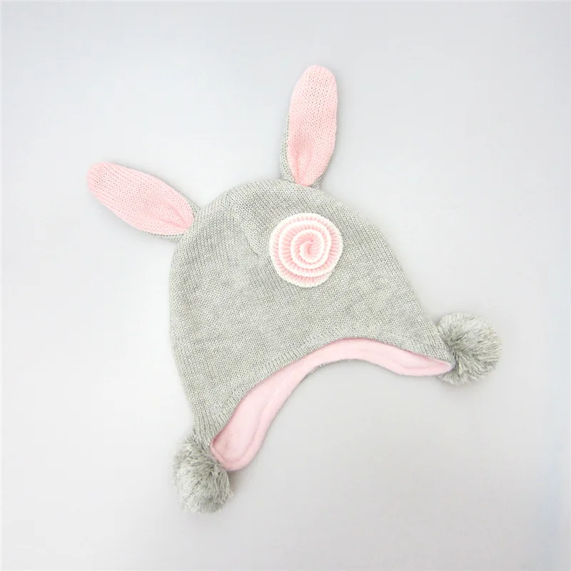 CmsDxz Girls Cap Winter Grey Rabbits With Pink Ears Child Hat Baby Hats Kids Girl Hair Accessoires Pompom | Детская одежда и обувь