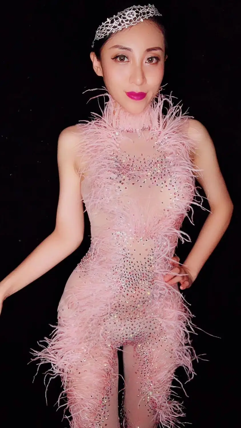 Прозрачный комбинезон Стразы с розовыми перьями сексуальные эластичные